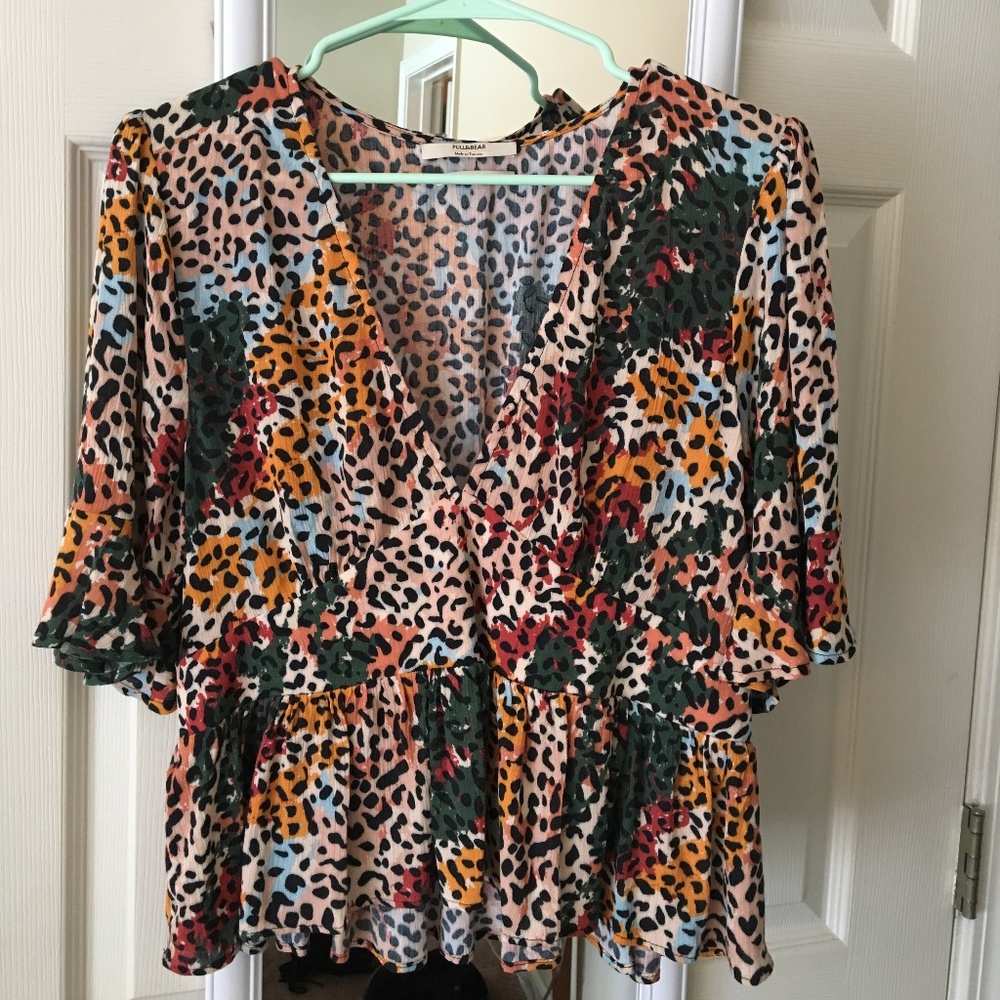 Pull & Bear Animal Print V-Neck Top